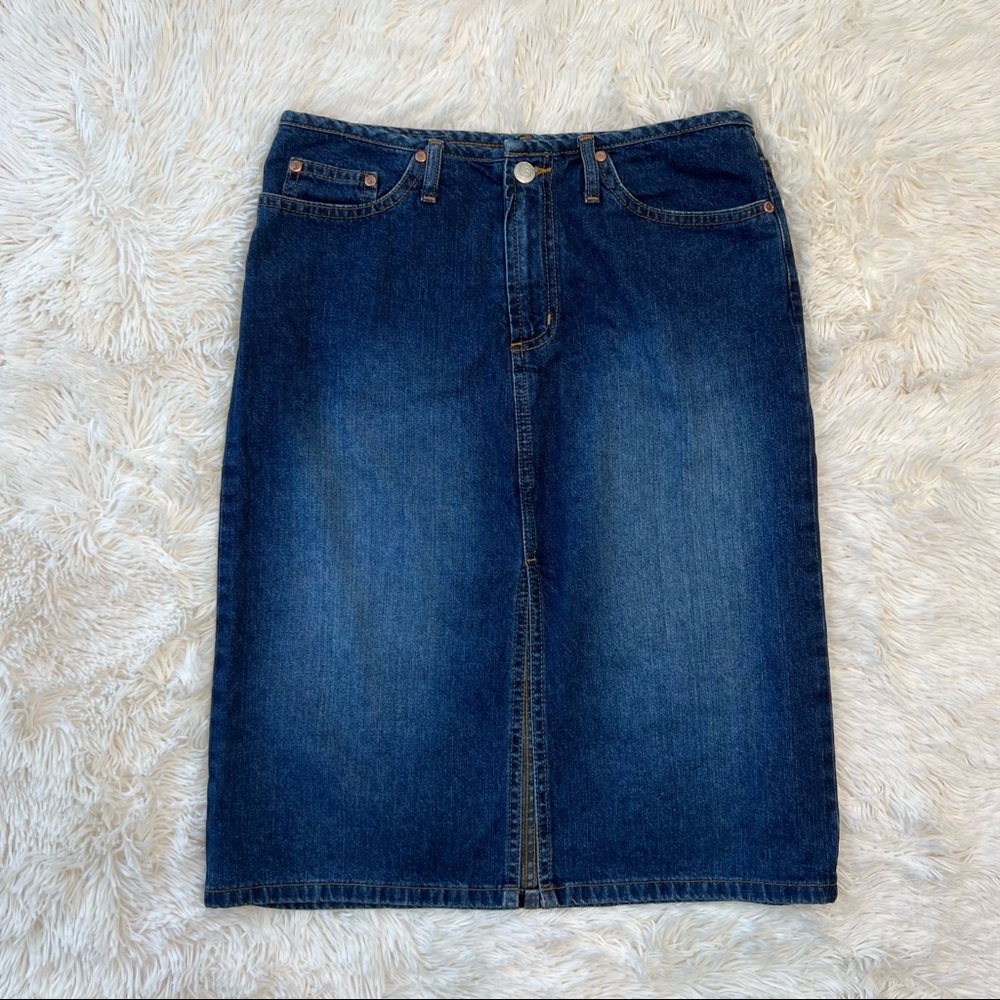 Vintage Y2K high waisted jeans skirt below knee  front slit dark denim Sz3 - Picture 2 of 14